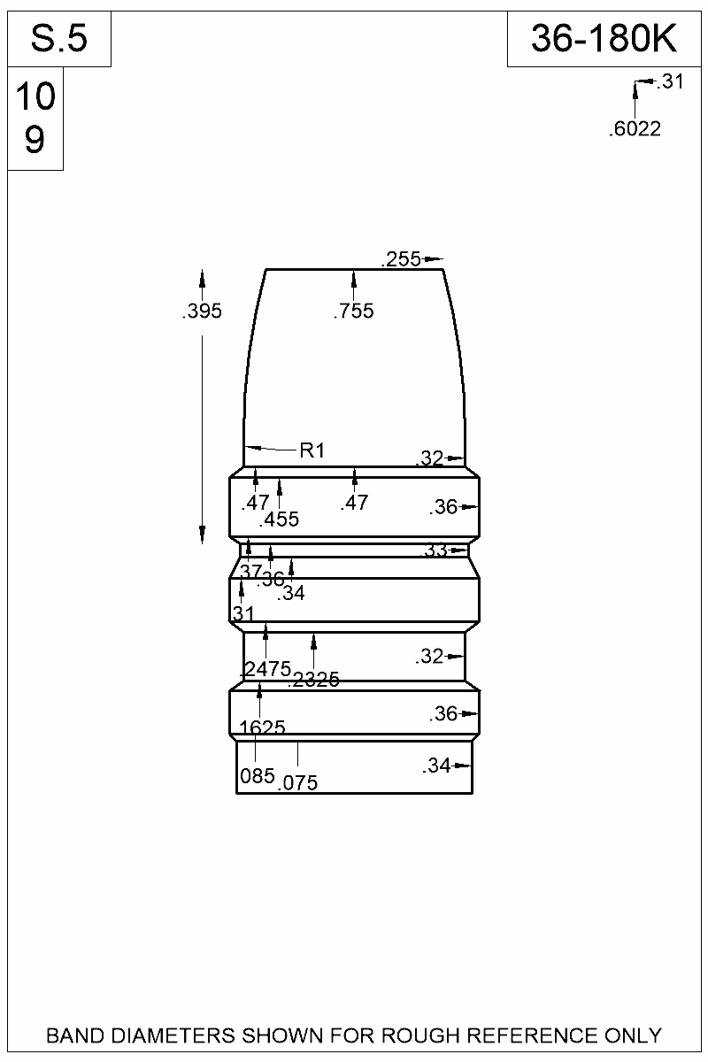 Accurate Molds catalog #36-180K Dimensioned view of bullet 36-180K