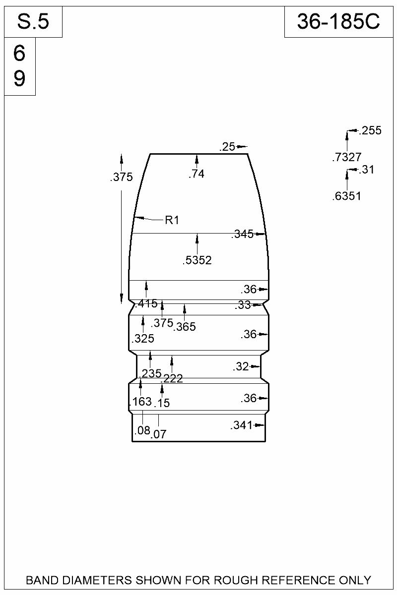 Dimensioned view of bullet 36-185C