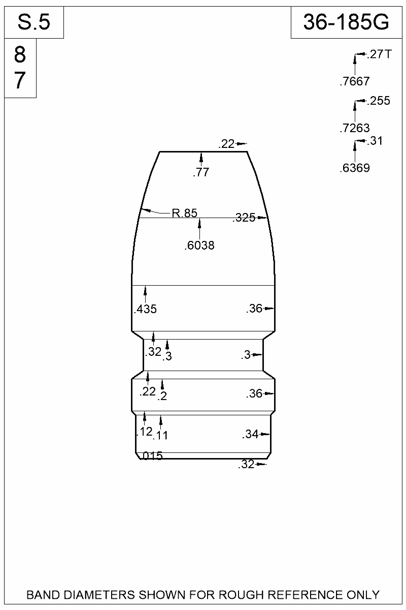 Dimensioned view of bullet 36-185G