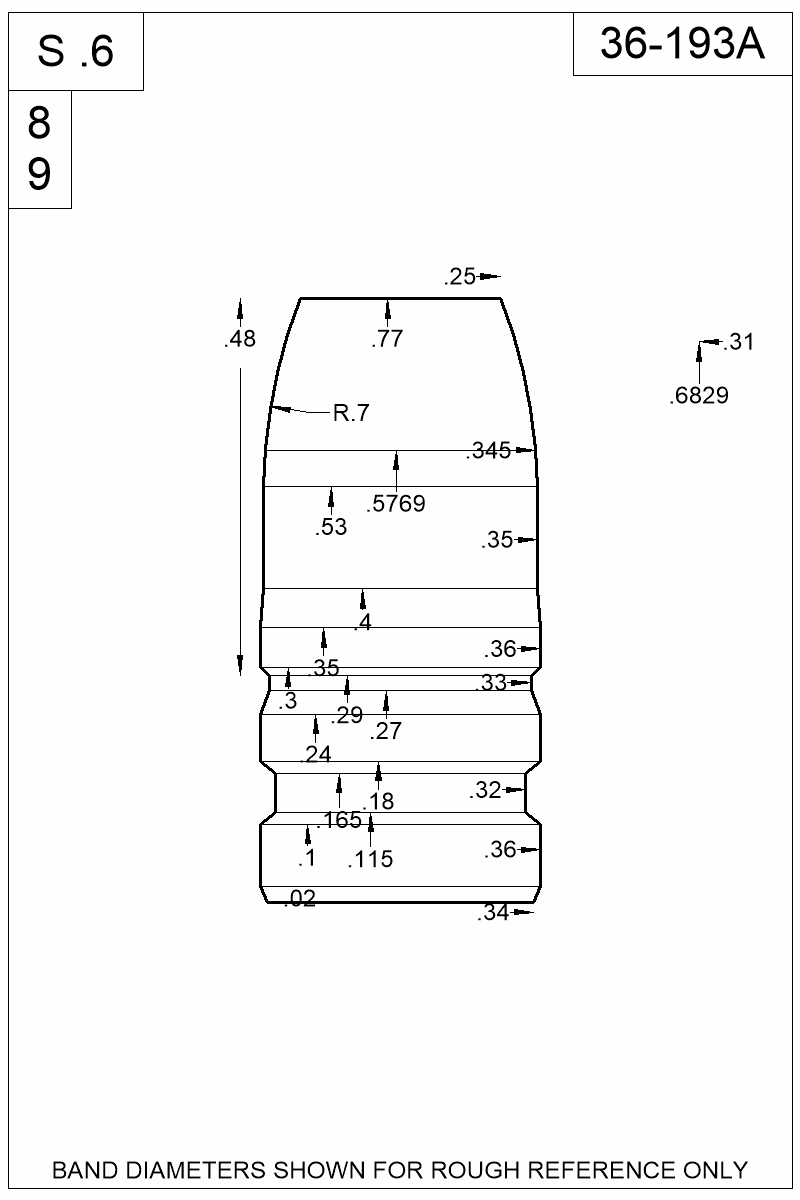 Dimensioned view of bullet 36-193A
