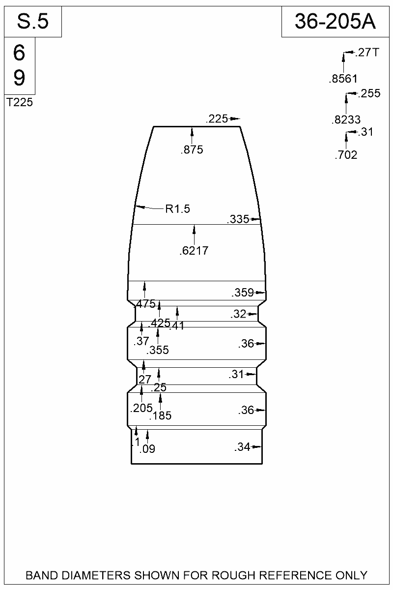 Dimensioned view of bullet 36-205A