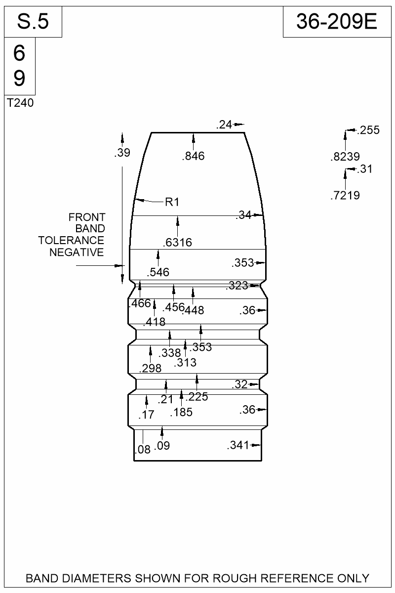 Dimensioned view of bullet 36-209E