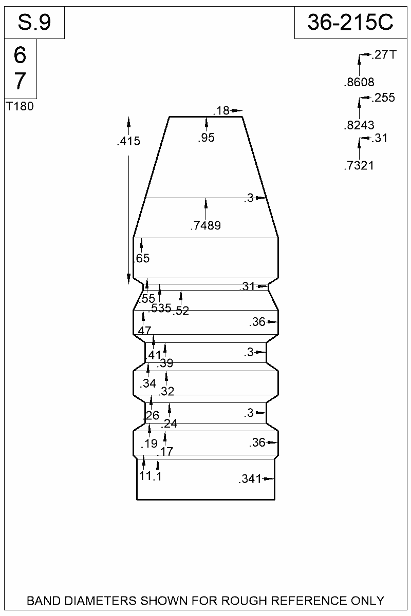 Dimensioned view of bullet 36-215C