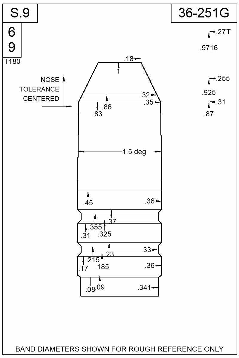Dimensioned view of bullet 36-251G