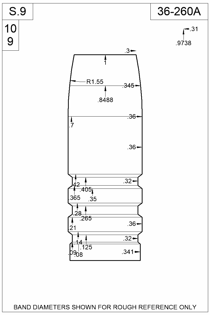Dimensioned view of bullet 36-260A