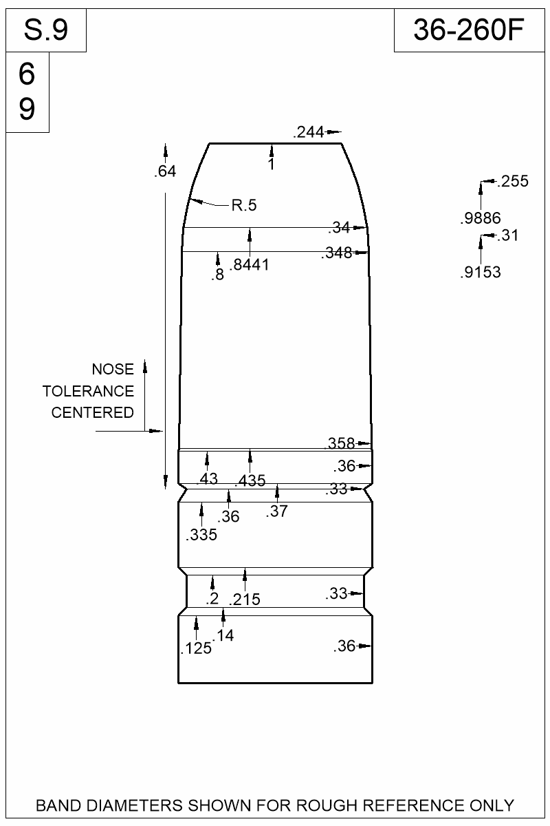 Dimensioned view of bullet 36-260F