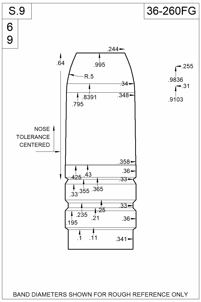 Dimensioned view of bullet 36-260FG