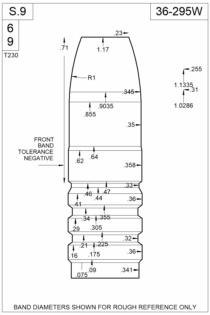 Dimensioned view of bullet 36-295W