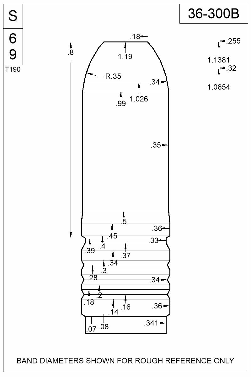 Dimensioned view of bullet 36-300B
