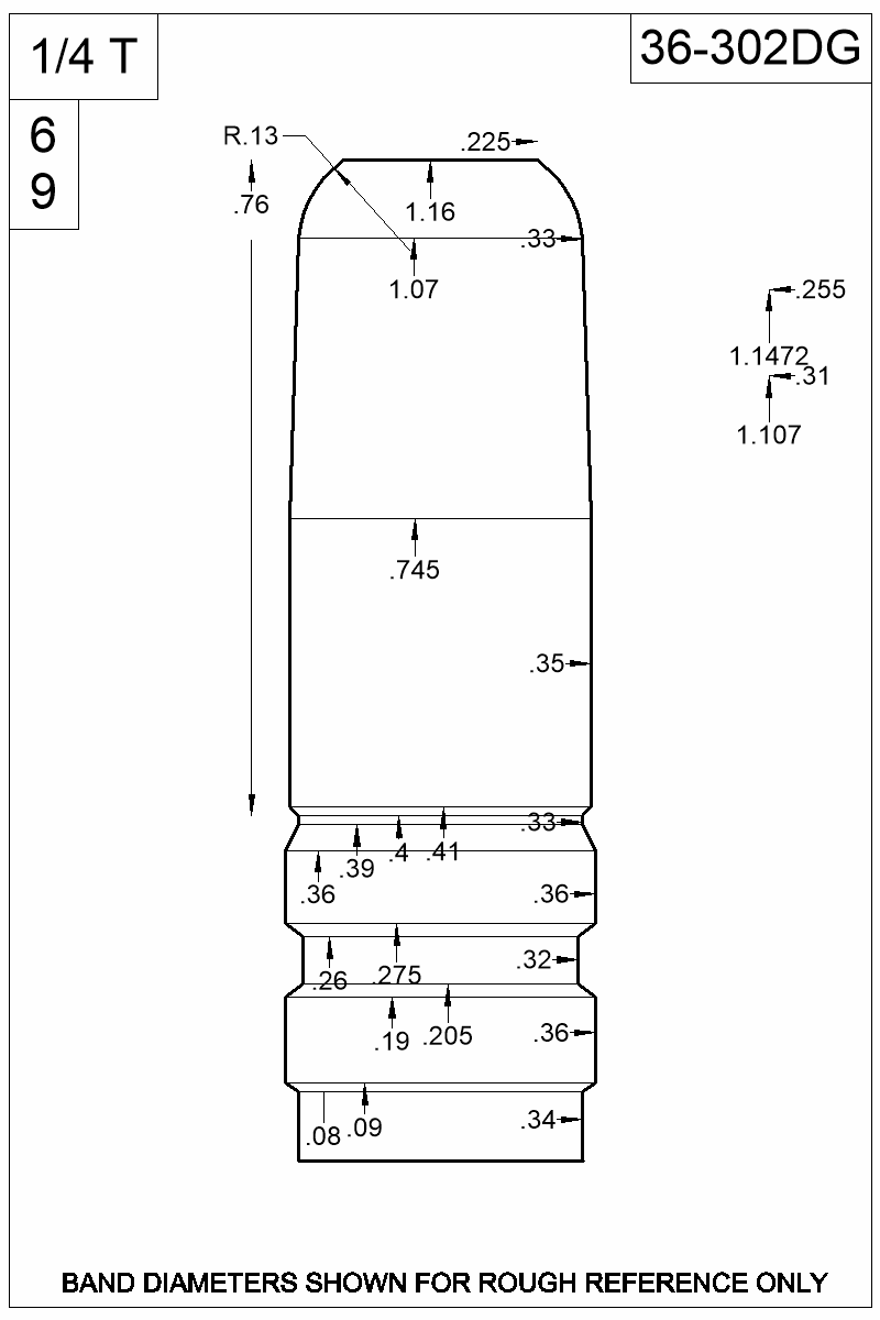 Dimensioned view of bullet 36-302DG