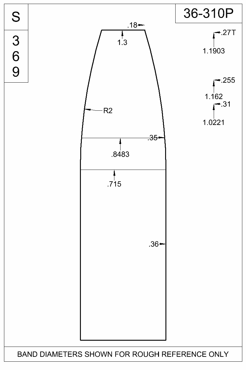 Dimensioned view of bullet 36-310P
