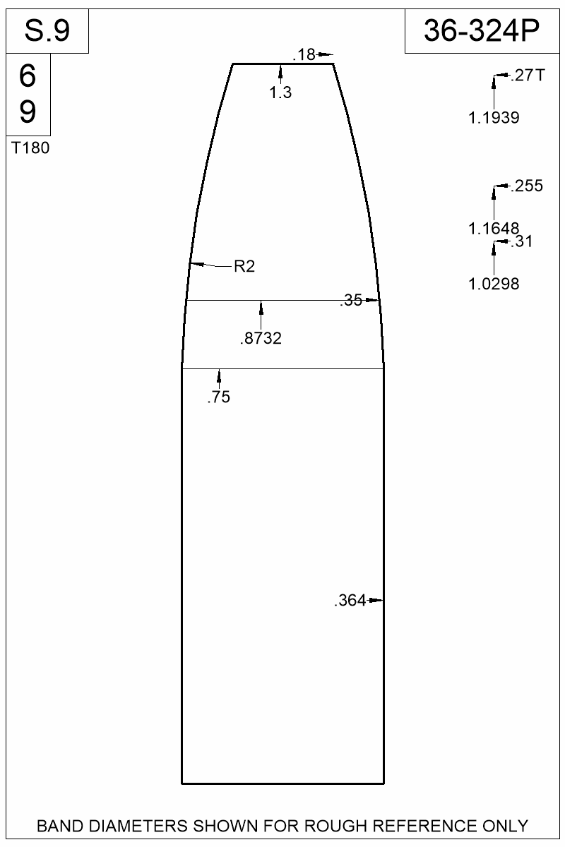 Dimensioned view of bullet 36-324P