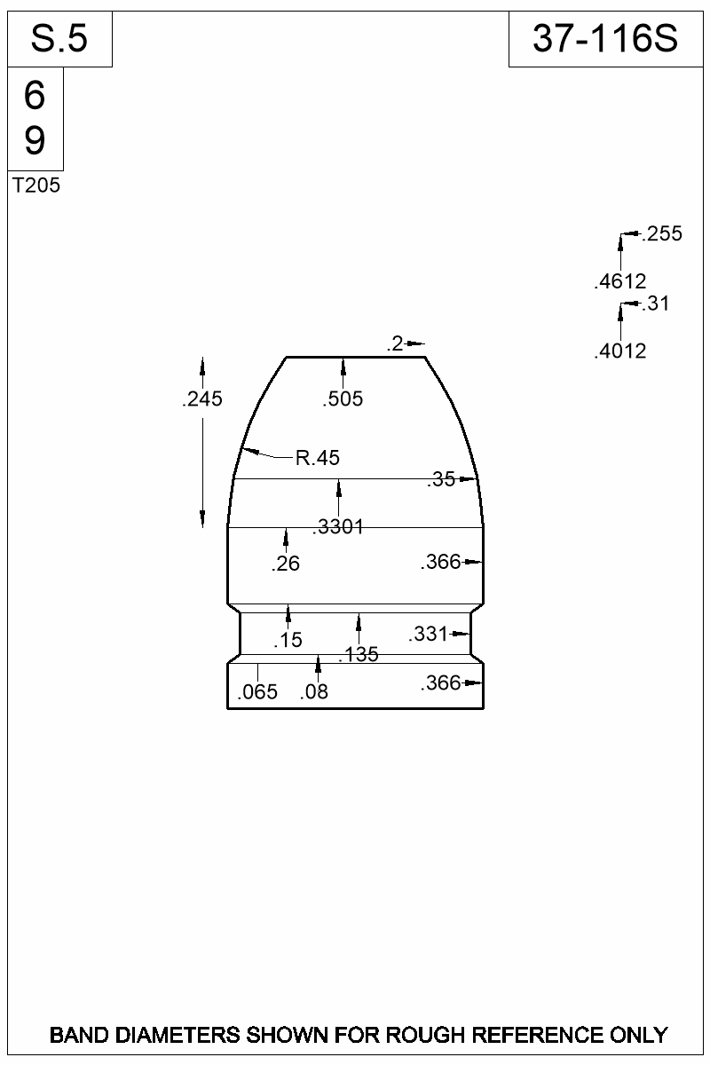 Dimensioned view of bullet 37-116S