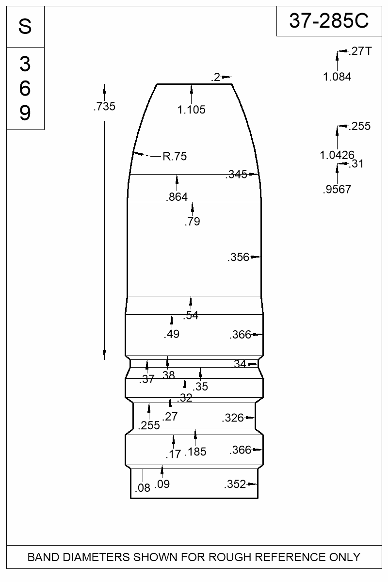 Dimensioned view of bullet 37-285C