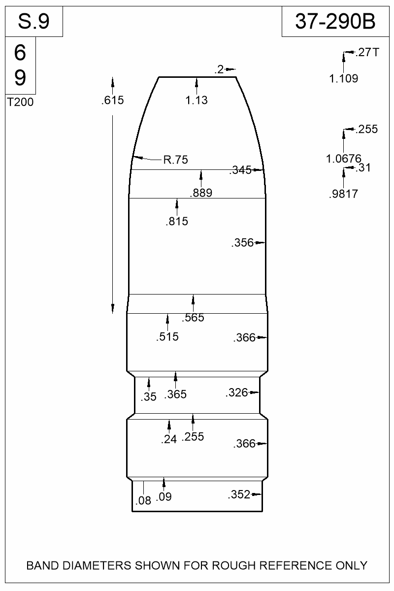 Dimensioned view of bullet 37-290B