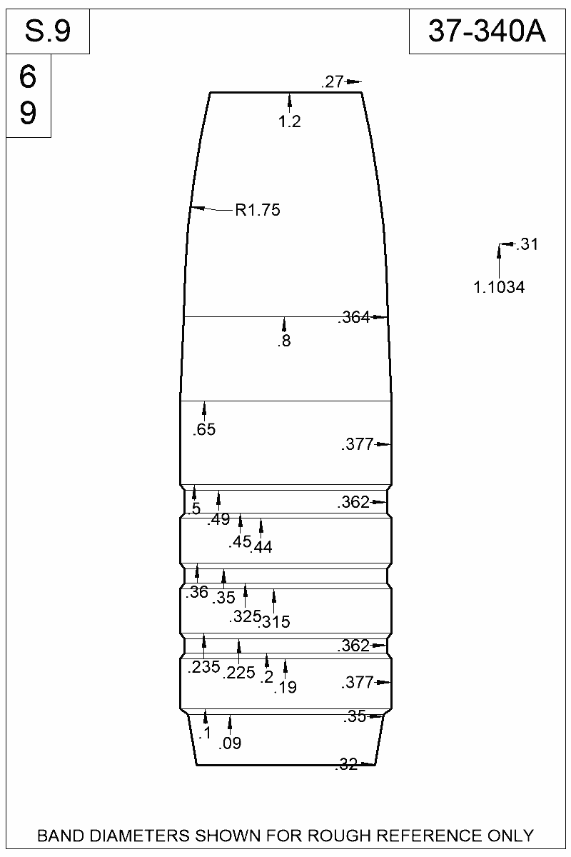 Dimensioned view of bullet 37-340A