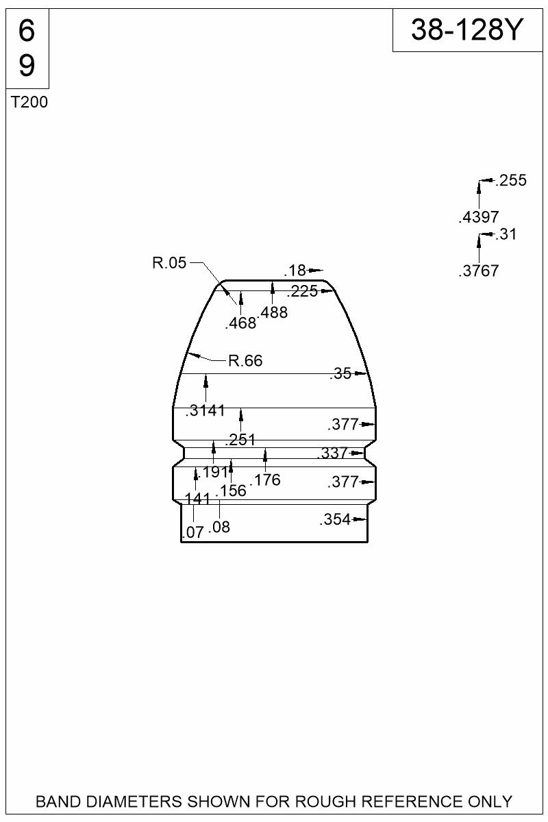Dimensioned view of bullet 38-128Y