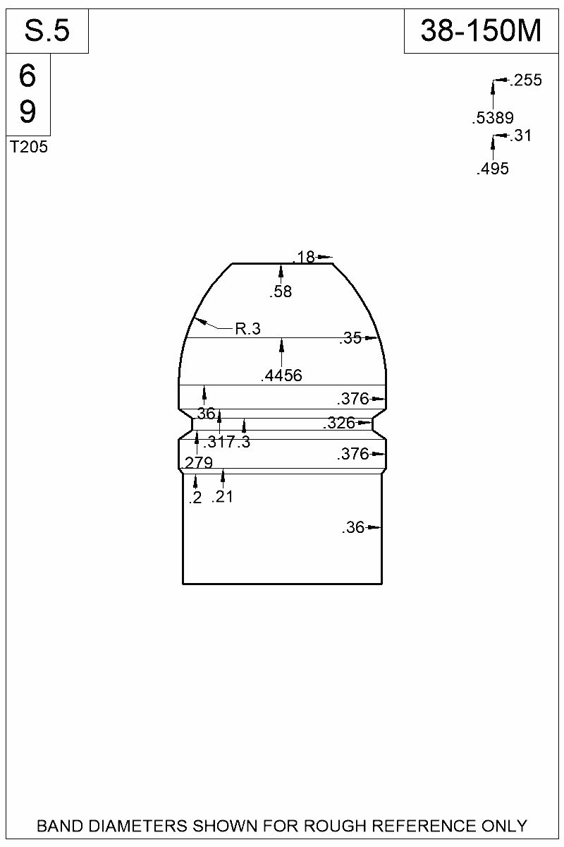 Accurate Molds catalog #38-150M Dimensioned view of bullet 38-150M
