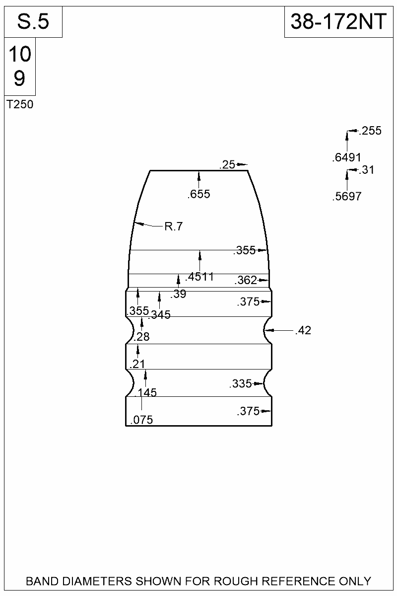 Dimensioned view of bullet 38-172NT