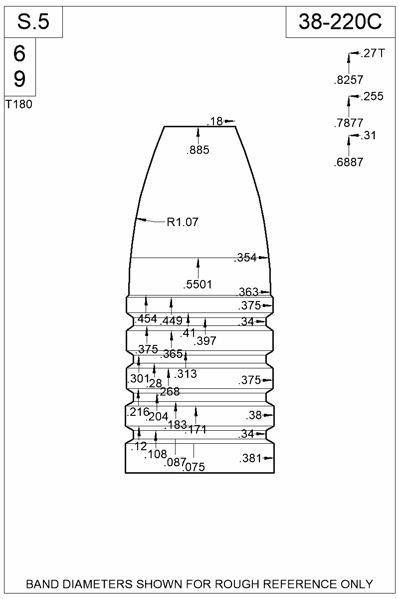 Accurate Molds catalog #38-220C Dimensioned view of bullet 38-220C