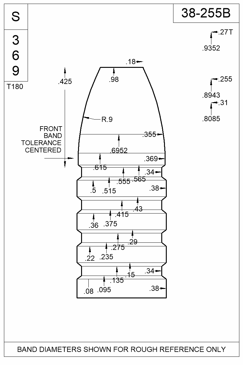 Dimensioned view of bullet 38-255B