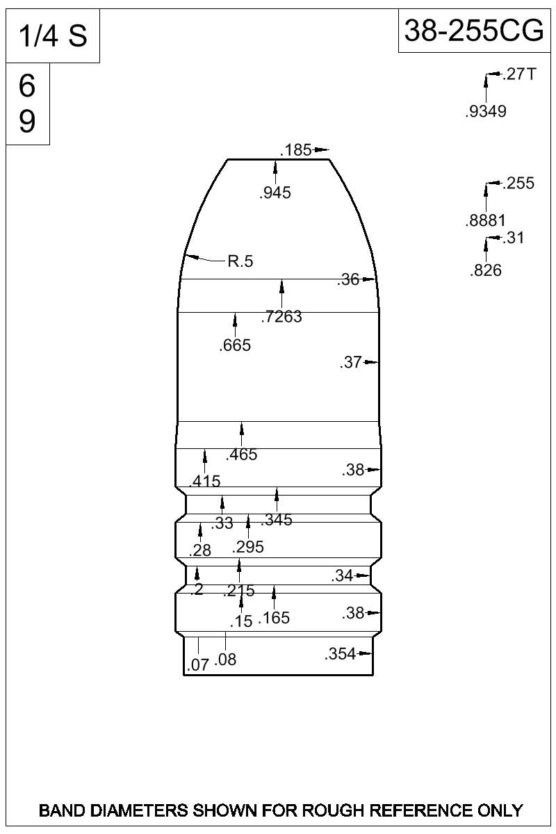 Dimensioned view of bullet 38-255CG