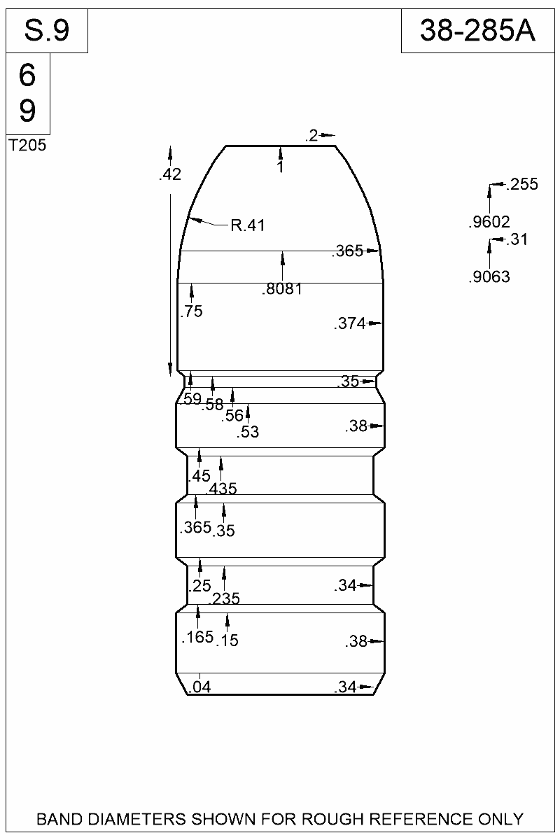 Dimensioned view of bullet 38-285A