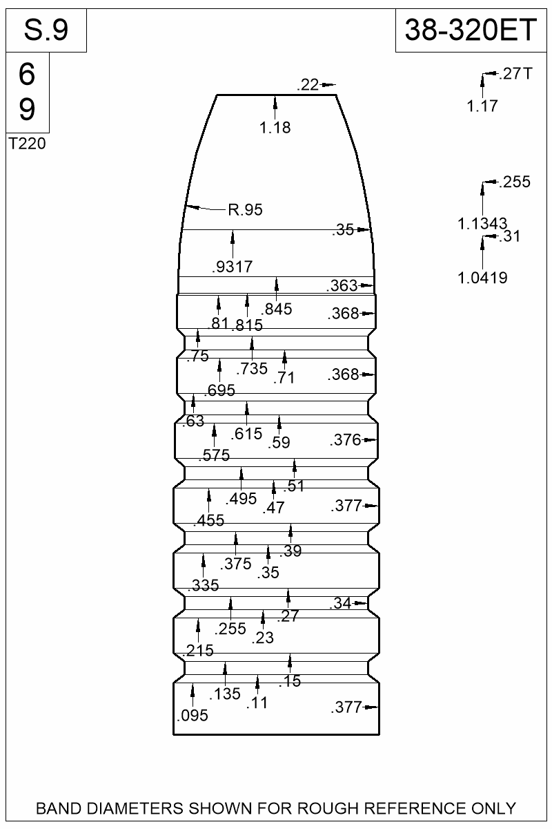 Dimensioned view of bullet 38-320ET