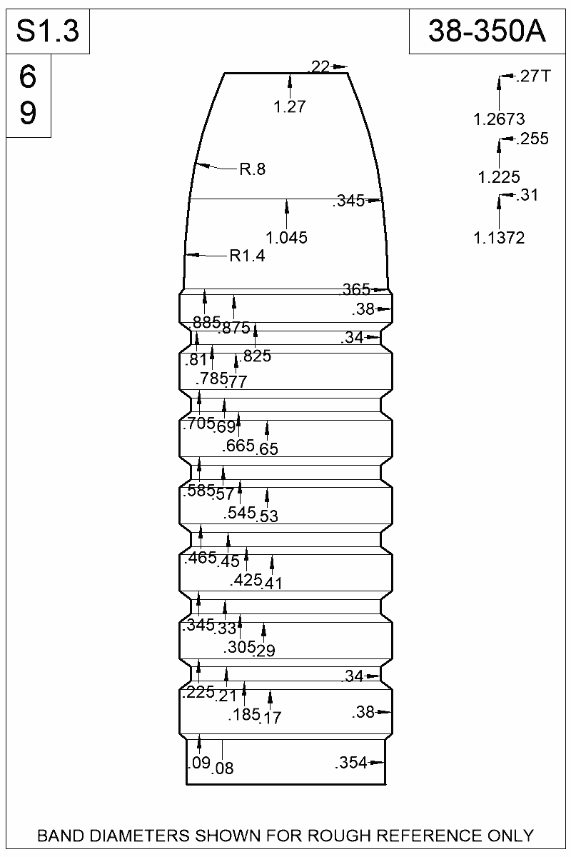 Dimensioned view of bullet 38-350A