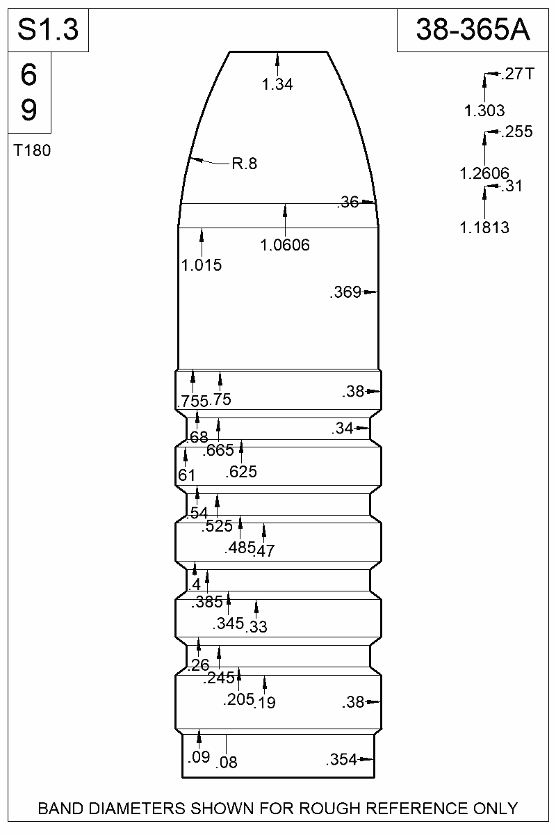 Dimensioned view of bullet 38-365A