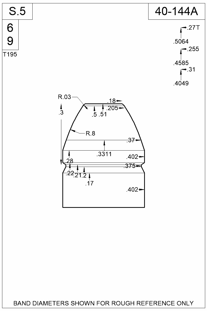 Dimensioned view of bullet 40-144A