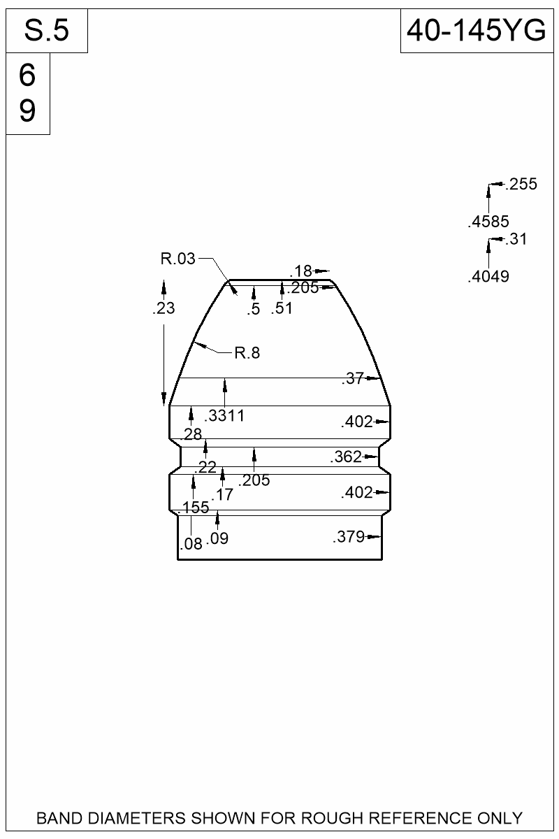 Dimensioned view of bullet 40-145YG