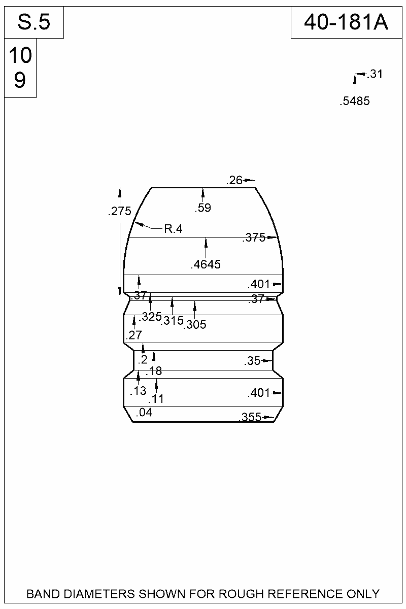 Accurate Molds catalog #40-181A Dimensioned view of bullet 40-181A