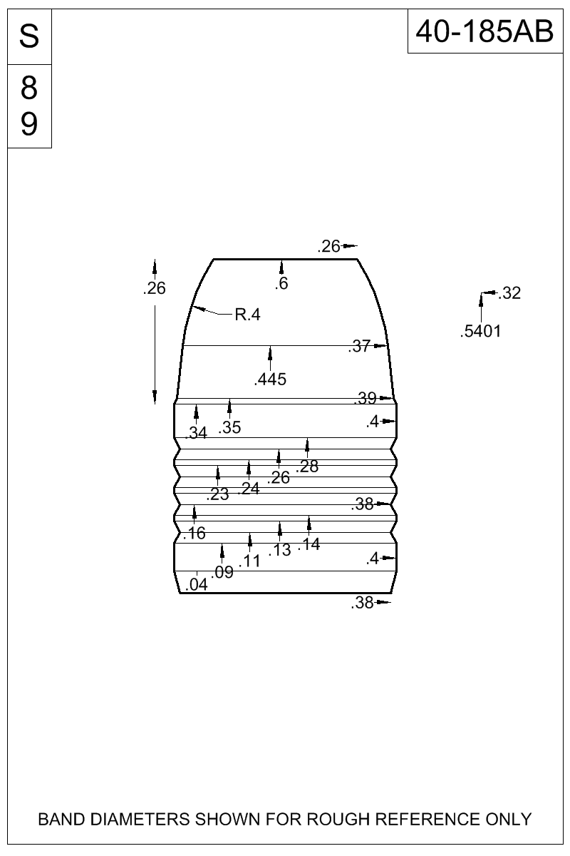 Dimensioned view of bullet 40-185AB