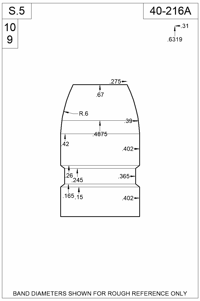 Dimensioned view of bullet 40-216A