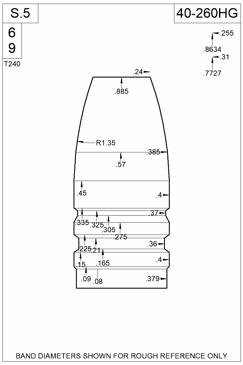 Dimensioned view of bullet 40-260HG