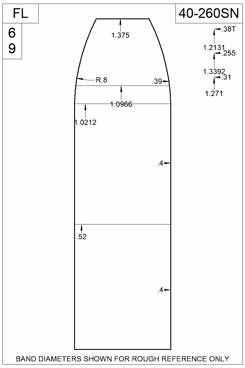 Dimensioned view of bullet 40-260SN