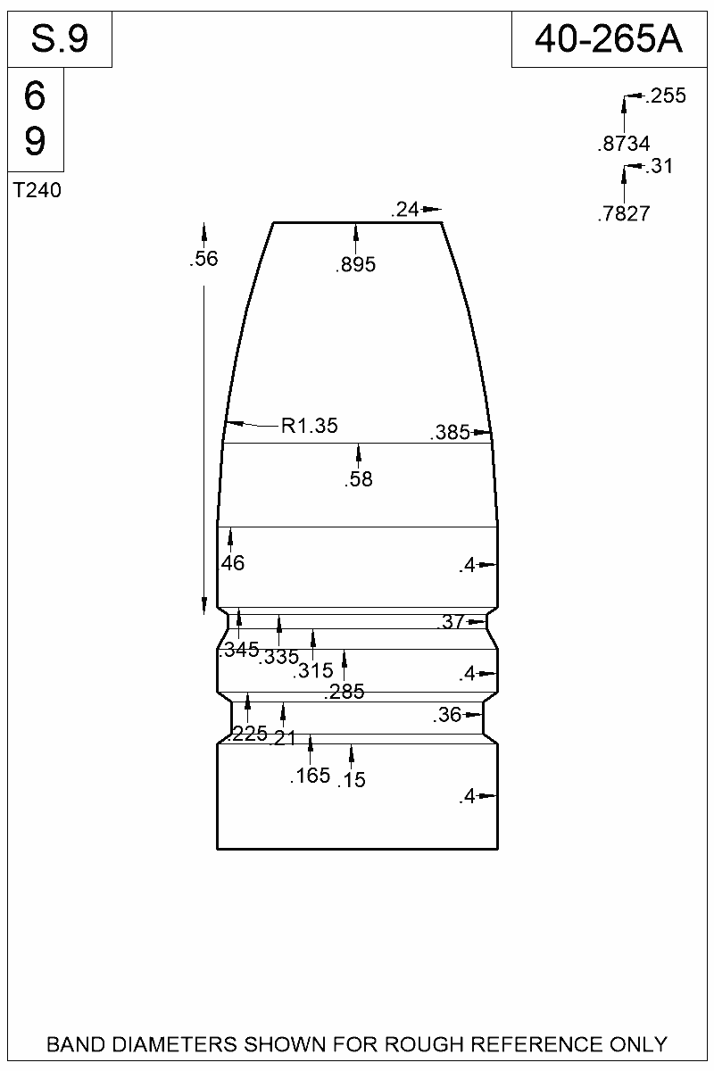 Dimensioned view of bullet 40-265A