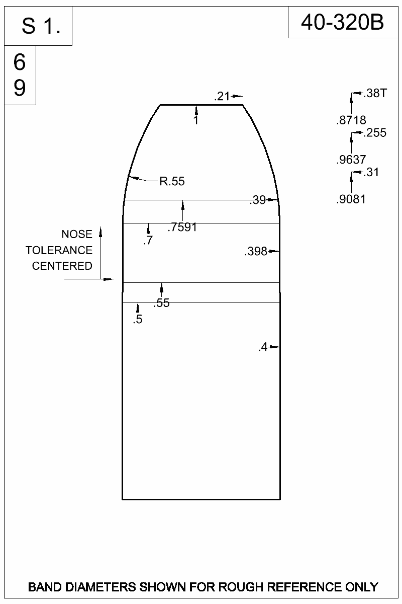 Dimensioned view of bullet 40-320B