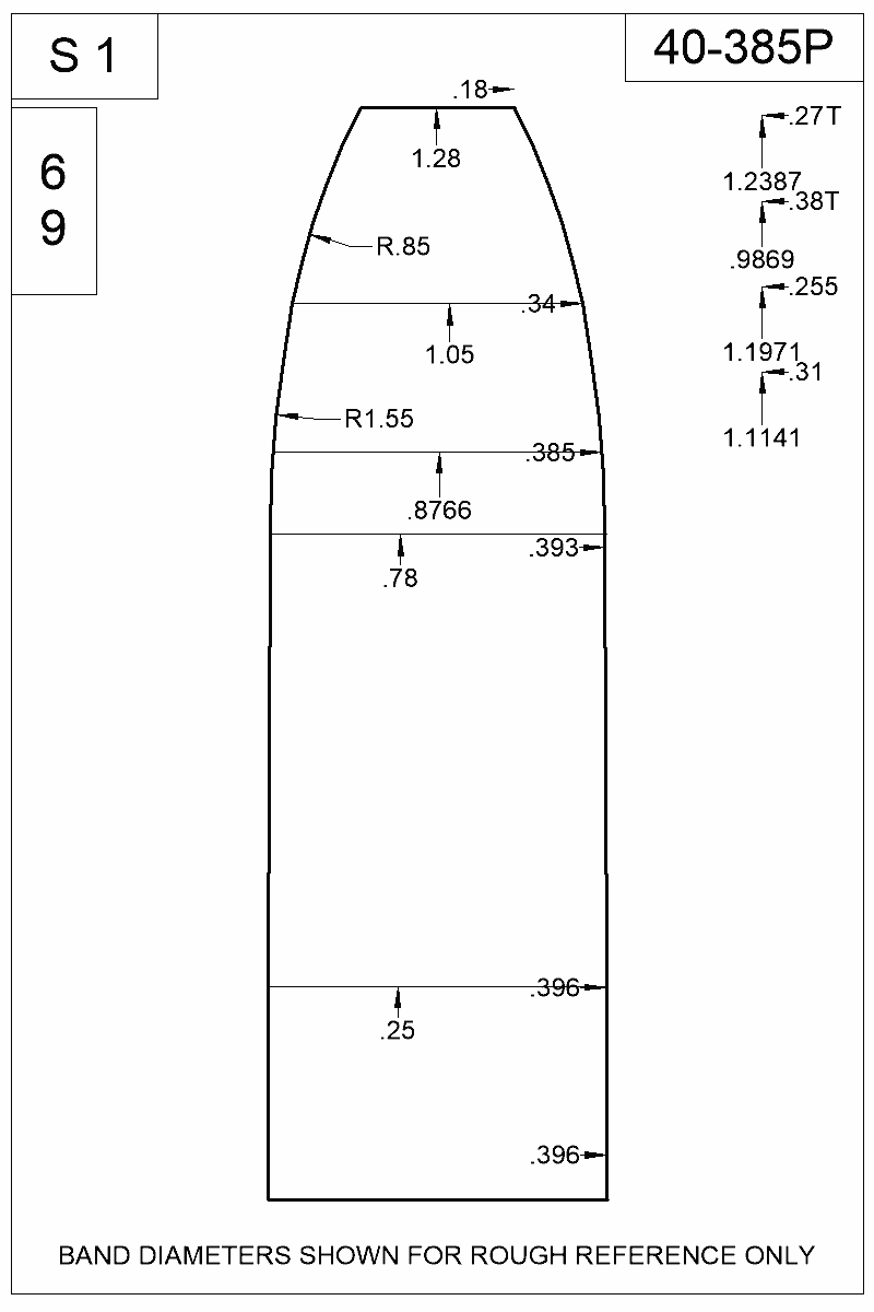 Dimensioned view of bullet 40-385P