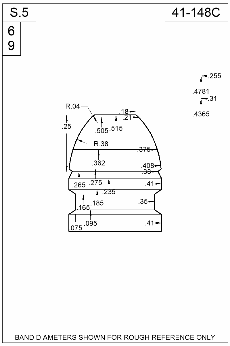 Dimensioned view of bullet 41-148C
