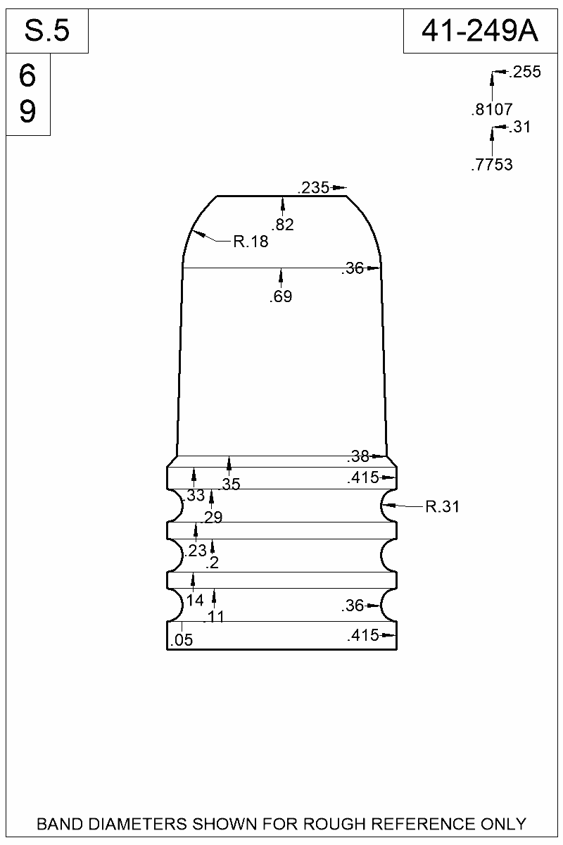 Accurate Molds catalog #41-249A Dimensioned view of bullet 41-249A
