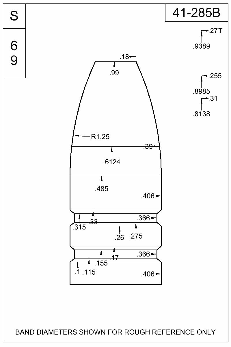 Dimensioned view of bullet 41-285B