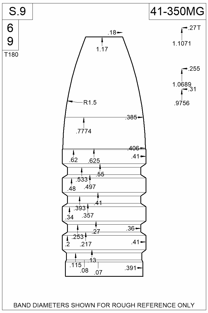 Dimensioned view of bullet 41-350MG