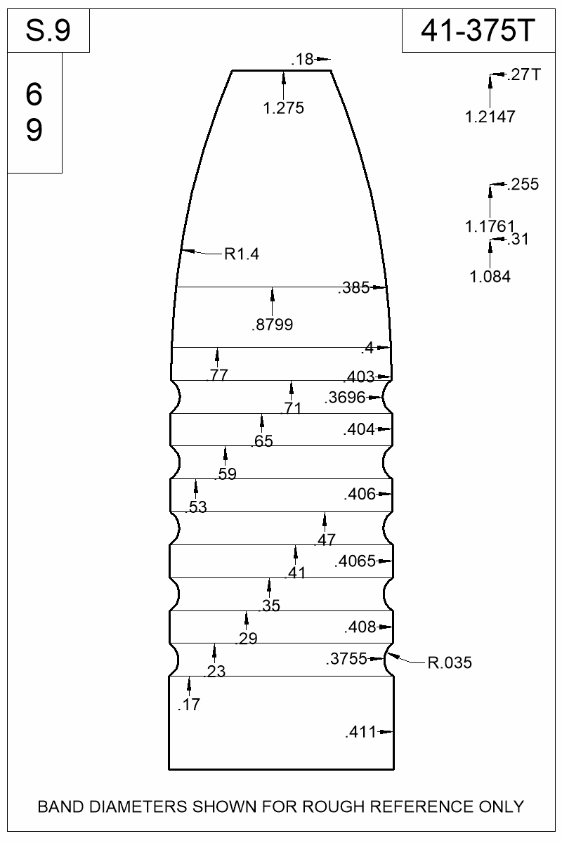 Dimensioned view of bullet 41-375T