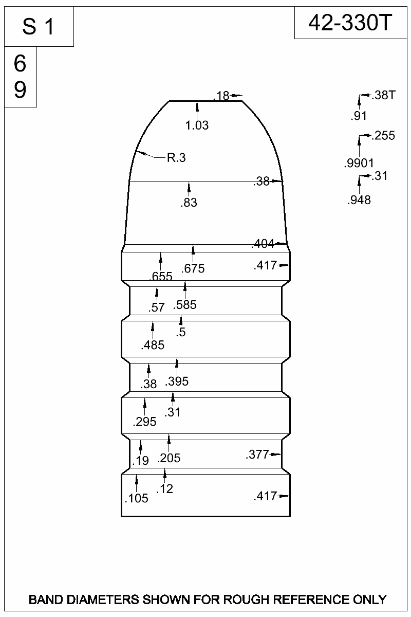 Dimensioned view of bullet 42-330T