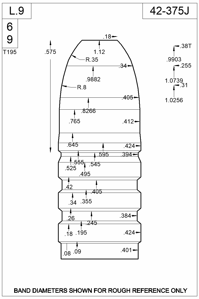 Dimensioned view of bullet 42-375J