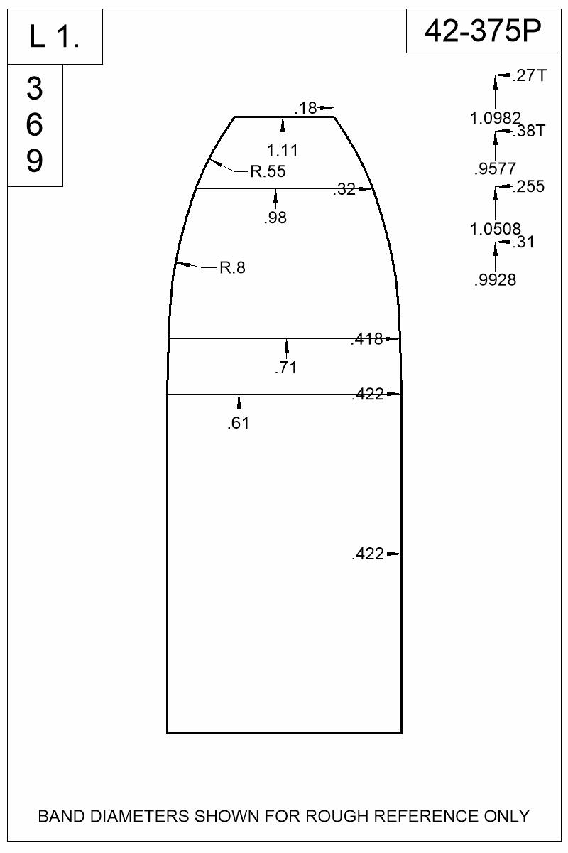 Dimensioned view of bullet 42-375P