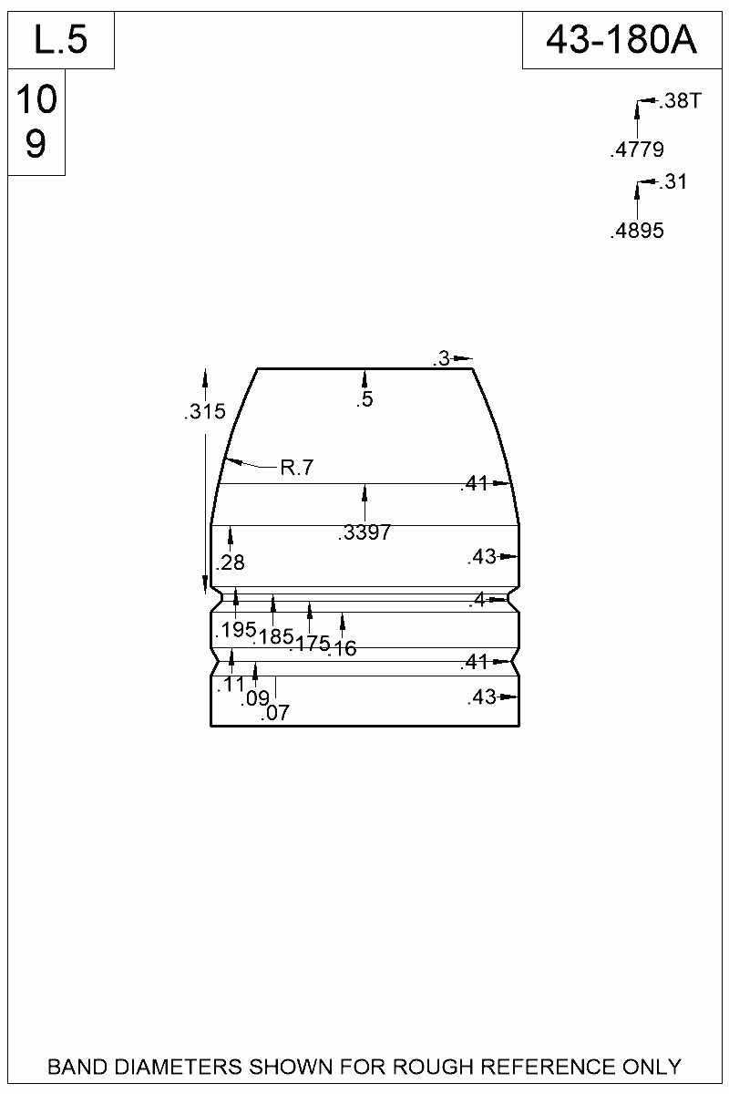 Accurate Molds catalog #43-180A Dimensioned view of bullet 43-180A
