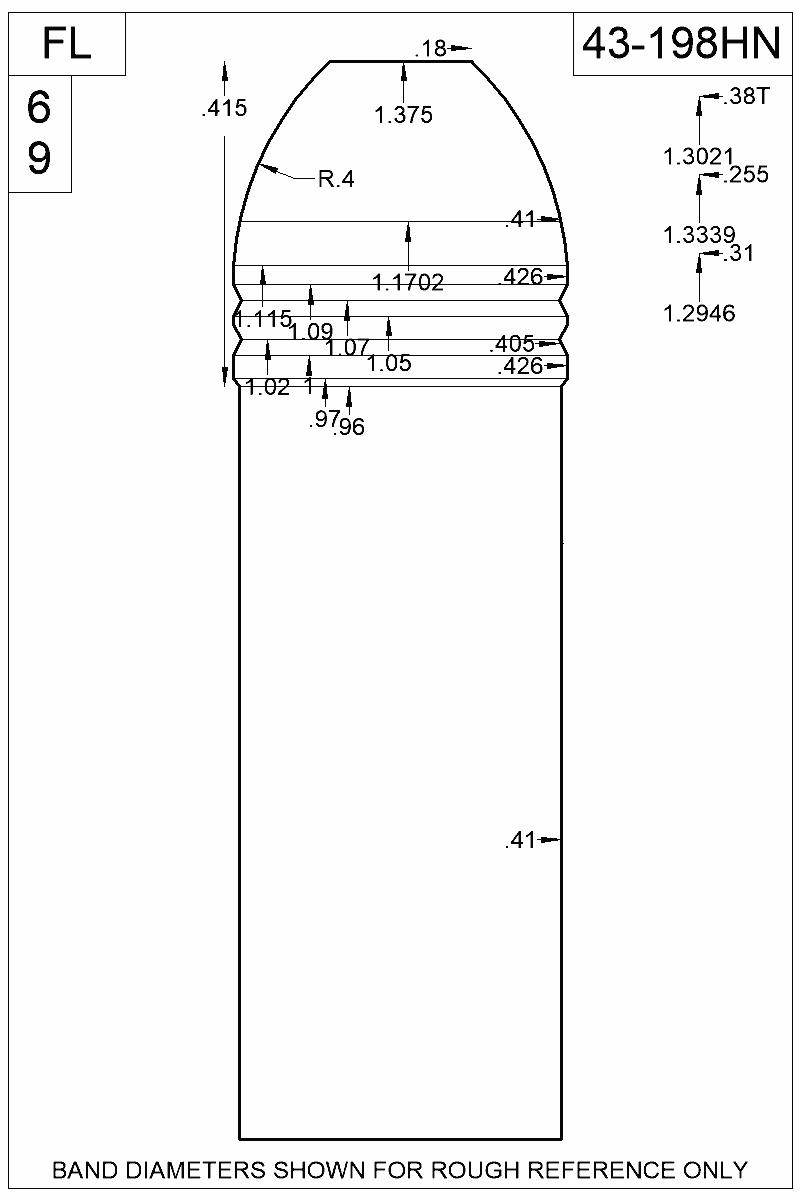 Dimensioned view of bullet 43-198HN